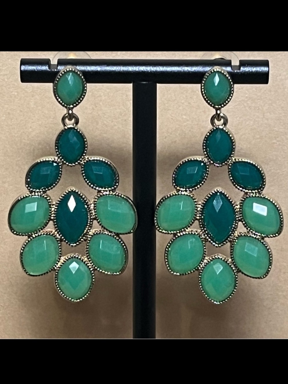 $4 IF BUNDLED Green Gold Tone Chandelier Acrylic Earrings